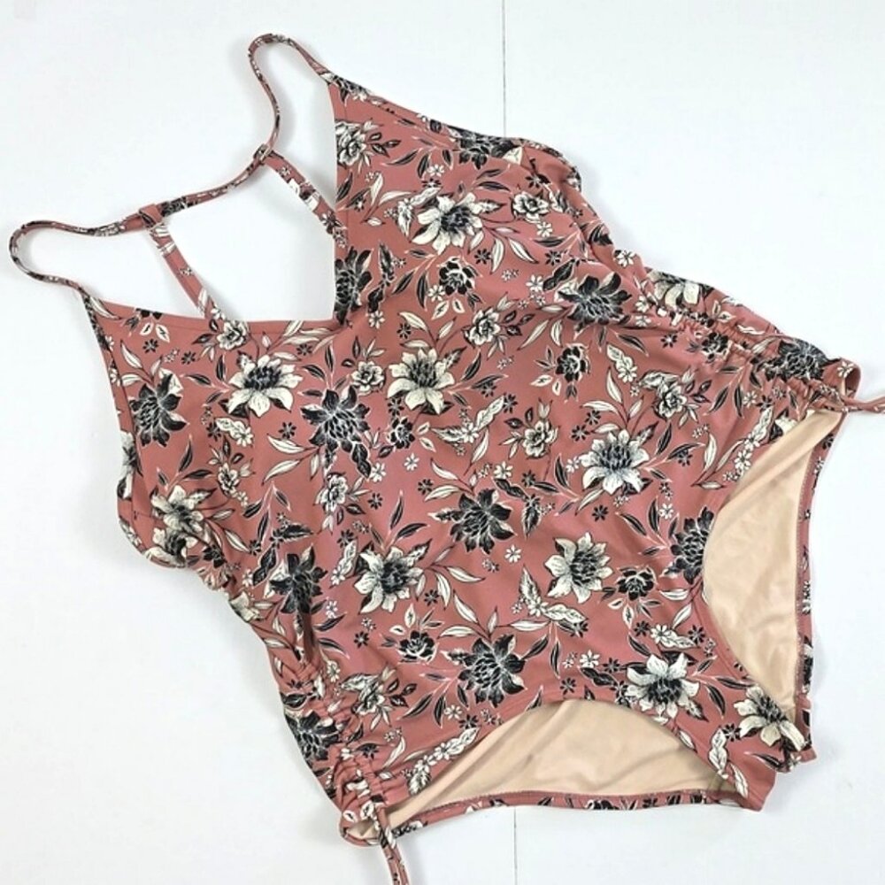 Kona Sol Women's Dusty Rose Floral One Piece Swimsuit V Neck Side Ties Size 18W
